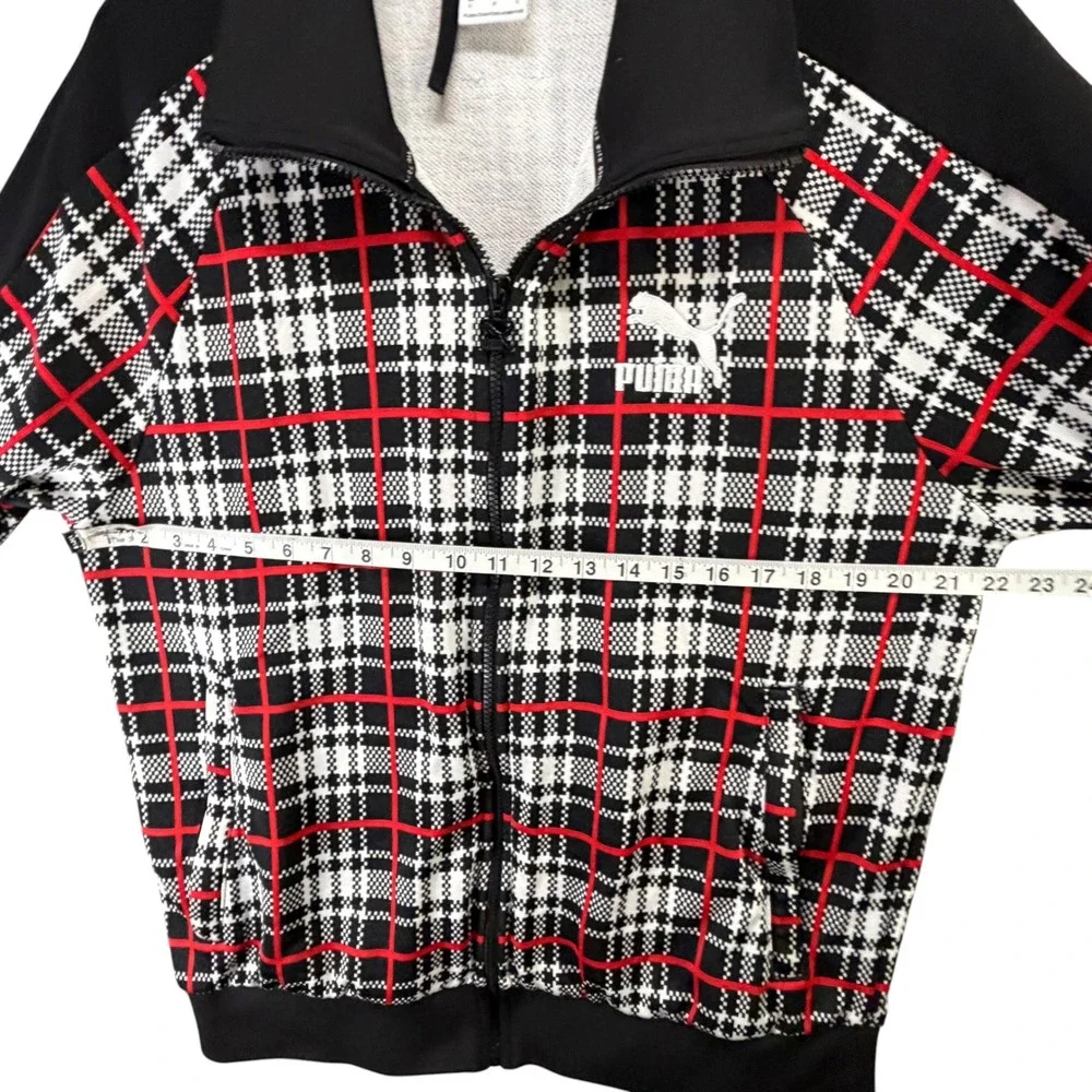Puma Mens L Plaid Track Jacket Black Red Full Zip French Terry Retro Streetwear